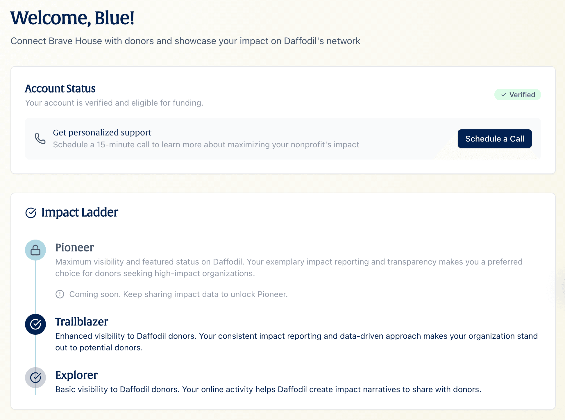 Nonprofit account status and impact ladder